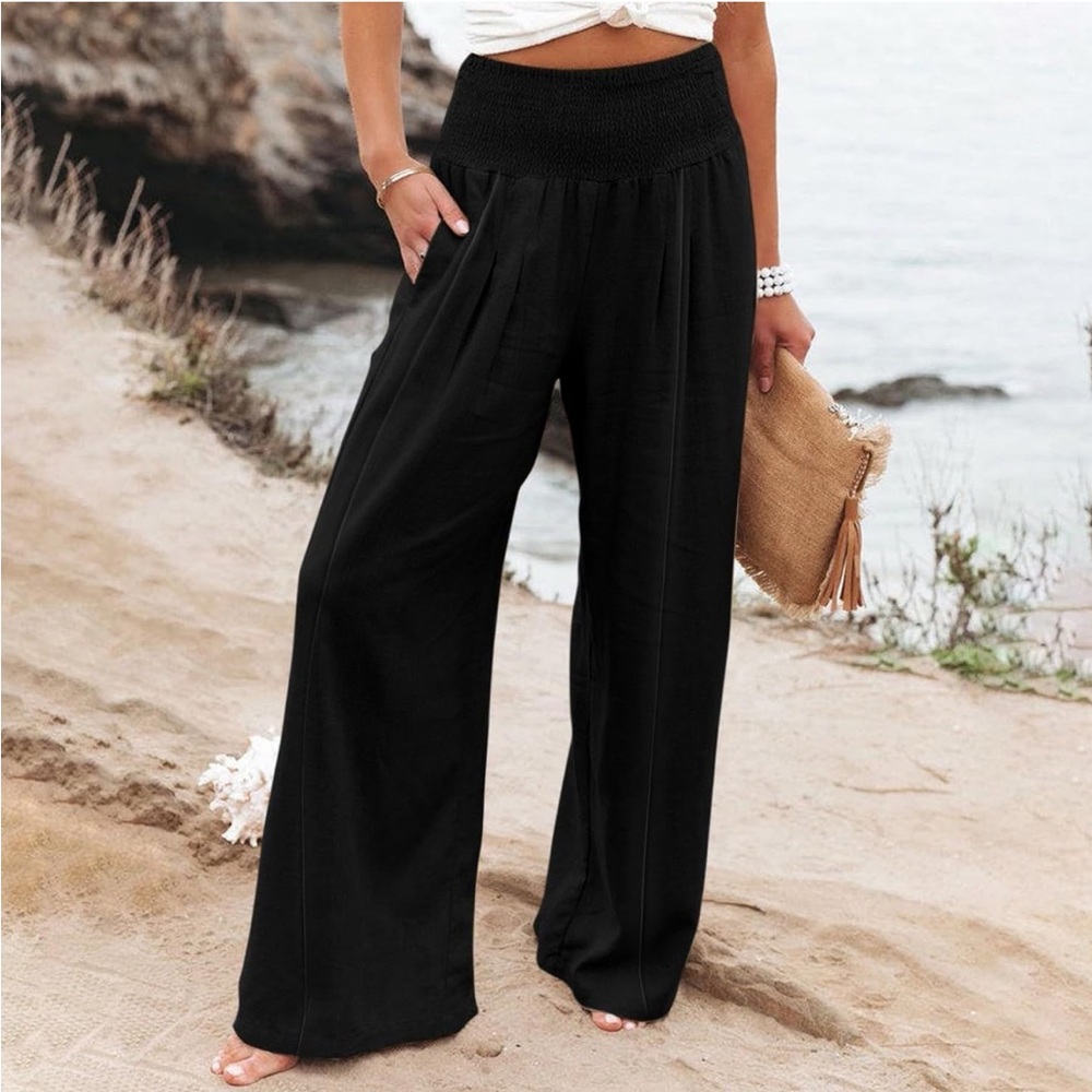 UEu black Wide-Leg Pants with High-Waist Design